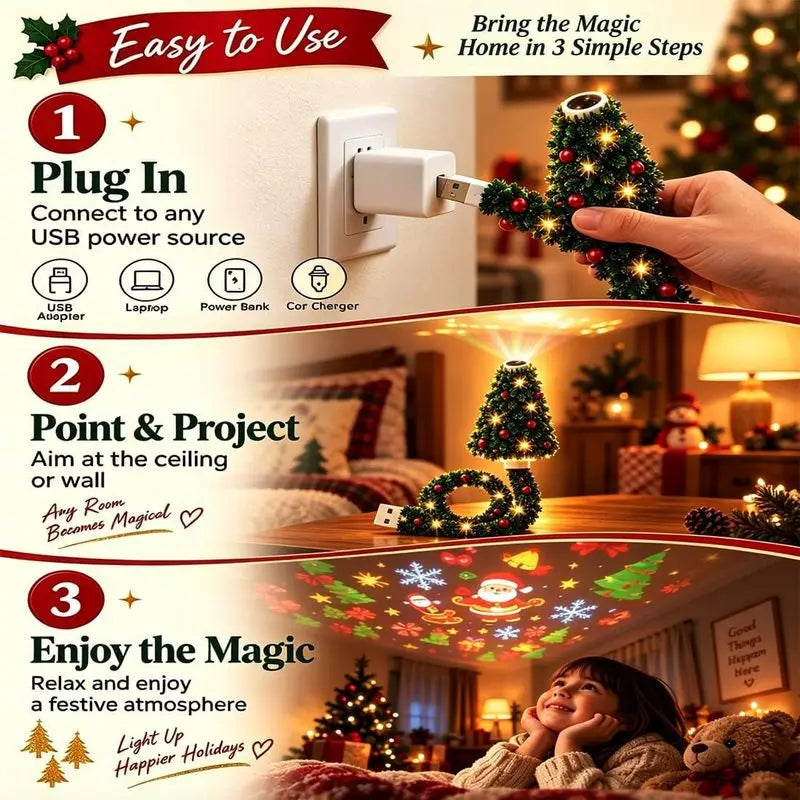 Indoor Christmas Tree Projector HD USB Plug & Play 6 Festive Scenes Holiday Projector Light Home Wall Xmas Party Decoration